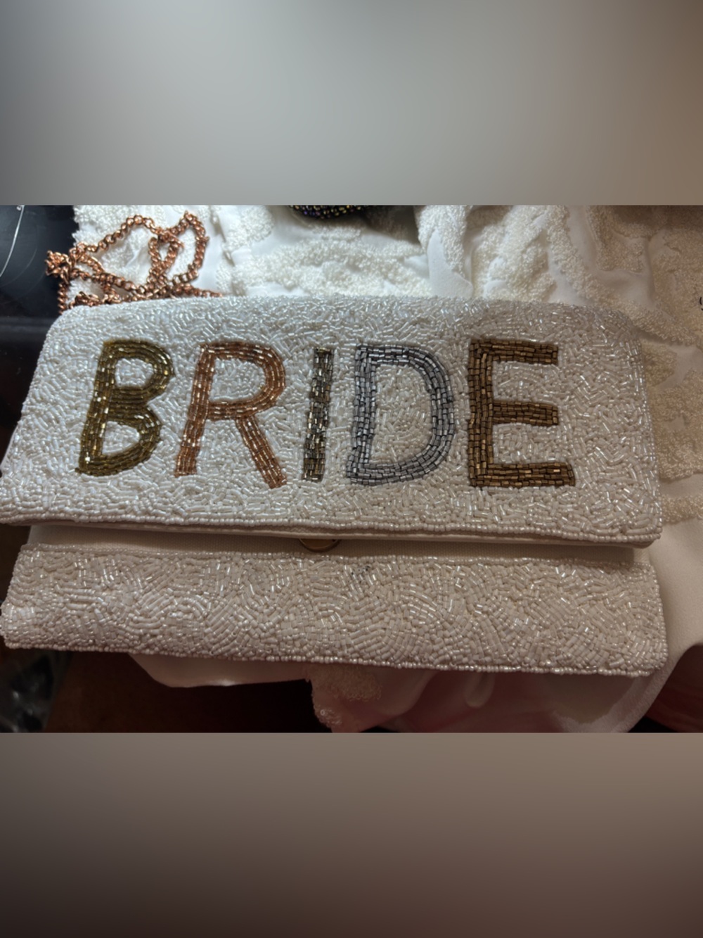 Source Unknown Beaded White 'BRIDE' Shoulder Clutch with Metallic Lettering